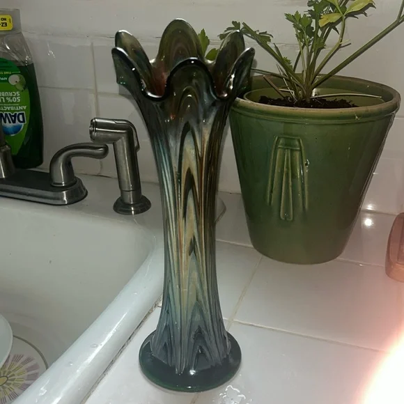 Fenton Carnival Glass 11” Vase With Green base